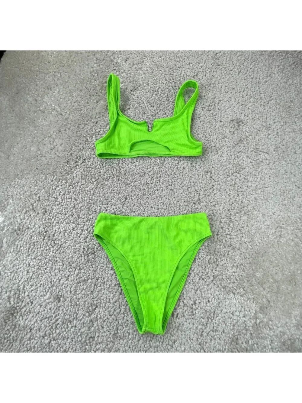 Frankies Bikinis Cole Ribbed Top & Jenna Bottom Set Neon Green Womens Med/Large
